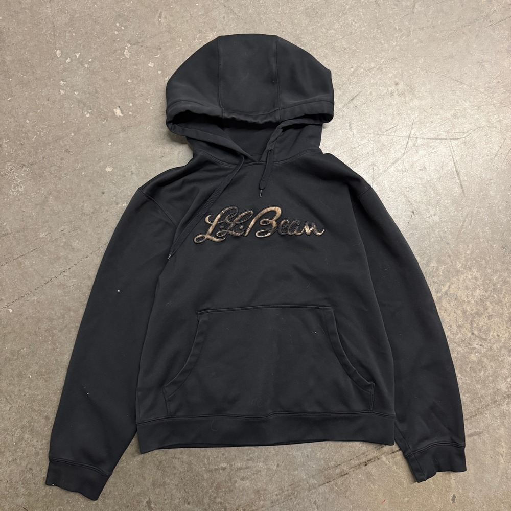 LL Bean Mens Black Performance Hoodie Camo Script Logo Sweatshirt 283369 Size S